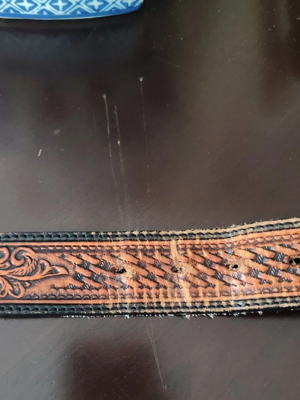 Men's Brown Tooled Leather Western Belt with Decorative Silver Buckle